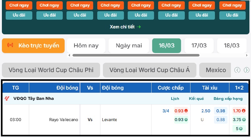 Tỷ lệ kèo Rayo Vallecano vs Levante tại BongdaNET